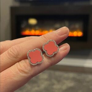 Silver 925 and Pink Flower Earrings Moissanite Accents